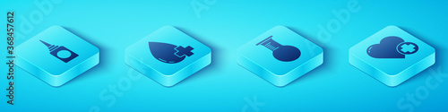 Set Isometric Bottle nasal spray, Donate drop blood with cross, Heart with a cross and Test tube and flask icon. Vector.