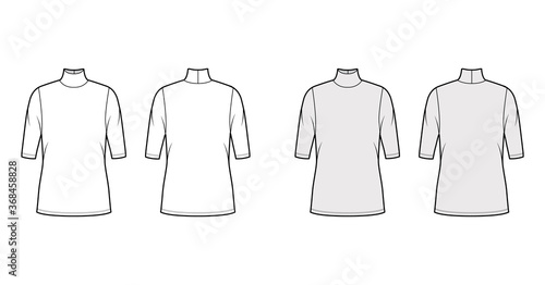 Turtleneck jersey sweater technical fashion illustration with elbow sleeves, oversized body, tunic length. Flat outwear apparel template front, back white grey color. Women, men unisex shirt top CAD