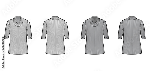 Ribbed cowl turtleneck knit sweater technical fashion illustration with elbow sleeves, oversized body, tunic length. Flat sweater apparel template front, back white grey color. Women, men unisex shirt