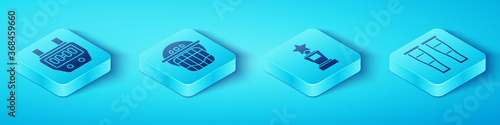 Set Isometric Stopwatch, Hockey helmet, Crutch or crutches and Award cup icon. Vector.