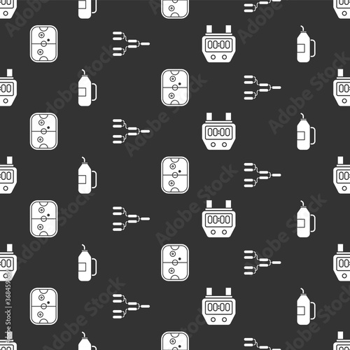 Set Stopwatch, Fitness shaker, Air hockey table and Championship tournament bracket on seamless pattern. Vector.