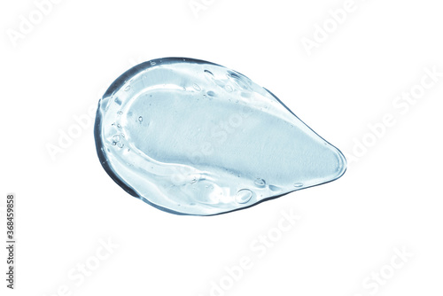 Texture of hyaluronic acid, serum gel. Transparent smear of gel isolated on a white background. Gel texture of antibacterial hand sanitizer soap. Close-up, macro photo