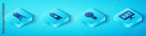 Set Isometric Easel or painting art boards, Paint spray can, Speech bubble with text art and Light bulb icon. Vector.