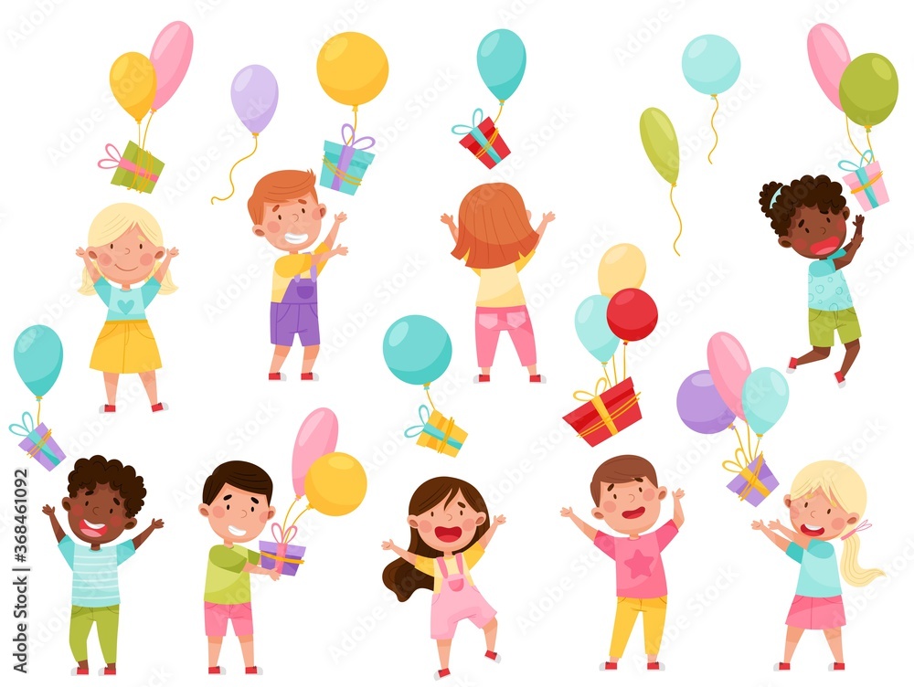 Kid Characters Throwing Gift Boxes with Balloons Vector Illustration Set Kid Characters Throwing Gift Boxes with Balloons Vector Illustration Set