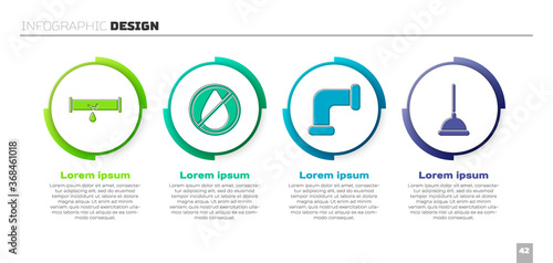 Set Broken pipe with leaking water, Water drop forbidden, Industry metallic pipe and Rubber plunger. Business infographic template. Vector.