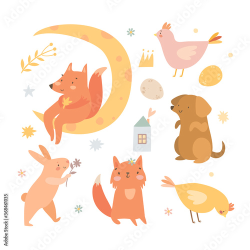 cute vector illustration animal cartoon characters, fox on the moon, chicken, dachshund dog, bunny with a flower. decorative doodle elements for kids. set clipart for newborn