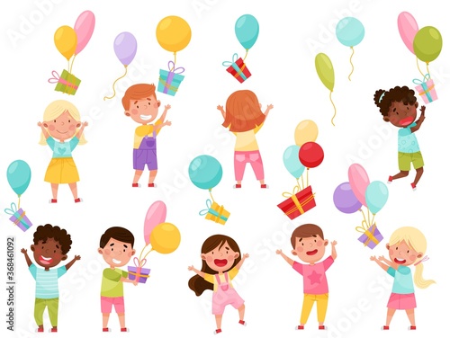 Kid Characters Throwing Gift Boxes with Balloons Vector Illustration Set