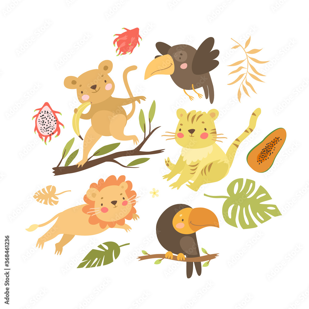 Naklejka premium cute vector illustration of safari and jungle animals. funny lion, funny parrots, monkey with banana, striped tiger, cute doodles with palm leaves and exotic fruits