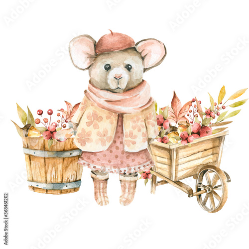Photography Hand drawing watercolor сhildren's illustration - cute mouser in a sweater with autumn wooden cart, bucket of berries, mushrooms, acorns