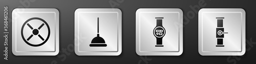 Set Industry valve, Rubber plunger, Water meter and Industry pipe and valve icon. Silver square button. Vector.