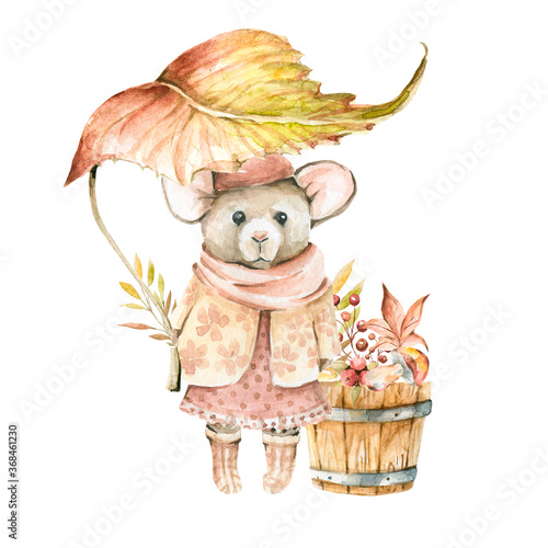 Foto Hand drawing watercolor сhildren's illustration - cute mouser in a sweater with wooden autumn bucket of berries, mushrooms, acorns and umbrella of leaf
