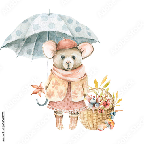 Schilderij op canvas Hand drawing watercolor сhildren's illustration - cute mouser in a sweater with wooden autumn bucket of berries, mushrooms, acorns and umbrella