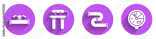 Set Industry pipe and valve, Water filter, Industry metallic pipe and Water meter icon with long shadow. Vector.