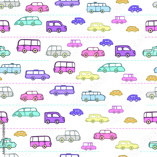 Seamless pattern of urban vehicles. Cartoon transportation background for kids. Doodle children toy cars illustration.