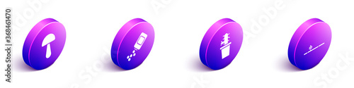 Set Isometric Psilocybin mushroom, Medicine bottle and pills, Cactus peyote in pot and Opium pipe icon. Vector.