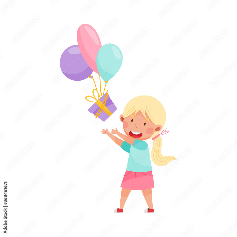 Cute Girl Character Throwing Gift Box with Balloons Vector Illustration Cute Girl Character Throwing Gift Box with Balloons Vector Illustration