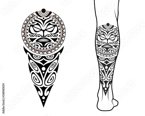 Maori tribal style tattoo pattern fit for a leg. With example on body.