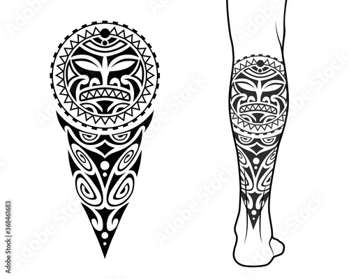 Maori tribal style tattoo pattern fit for a leg. With example on body.