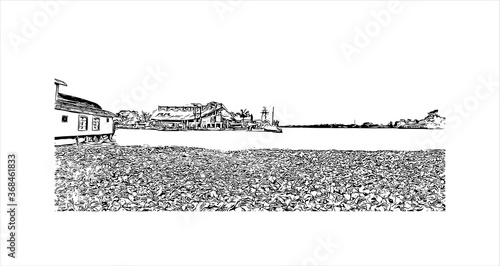 Building view with landmark of Alapuzha is a city on the Laccadive Sea in the southern Indian state of Kerala. Hand drawn sketch illustration in vector.