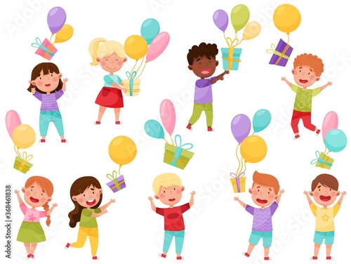 Kid Characters Throwing Gift Boxes with Balloons Vector Illustration Set © Happypictures