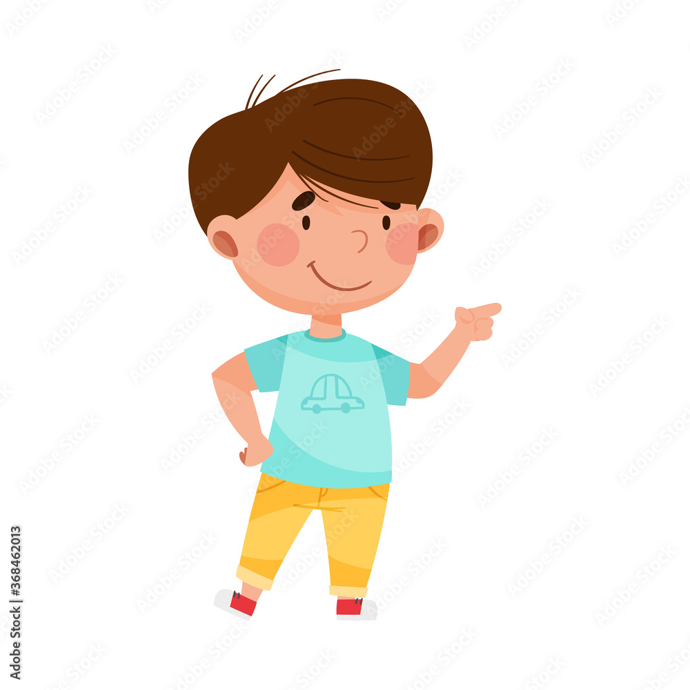 Dark Haired Boy Character Pointing at Something with His First Finger Vector Illustration Dark Haired Boy Character Pointing at Something with His First Finger Vector Illustration