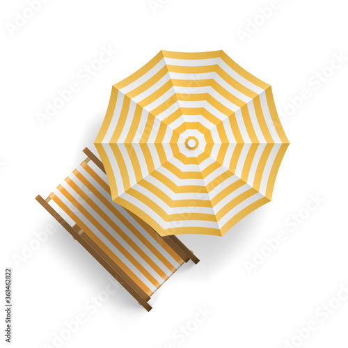 Sun Lounger Under An Umbrella On Beach. Top View