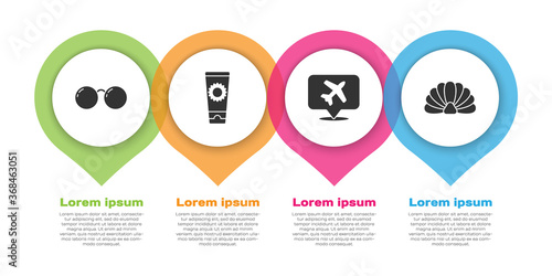 Set Glasses, Sunscreen cream in tube, Speech bubble with airplane and Scallop sea shell. Business infographic template. Vector.