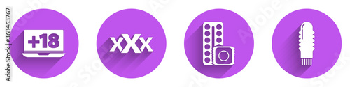 Set Laptop with 18 plus content, Sex shop, Birth control pills and condom and Dildo vibrator icon with long shadow. Vector.