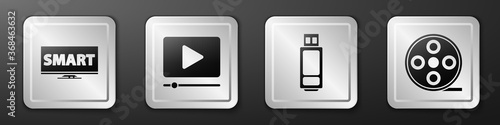 Set Screen tv with Smart video, Online play video, USB flash drive and Film reel icon. Silver square button. Vector.