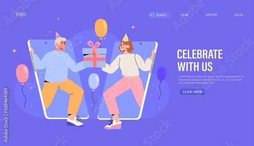 People share gift or present and greeting on company or website birthday or anniversary banner, website, web landing page. Social media milestone vector illustration with trendy cartoon characters.