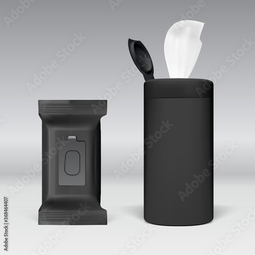 Realistic Wet Wipes Black Plastic Pack Standing