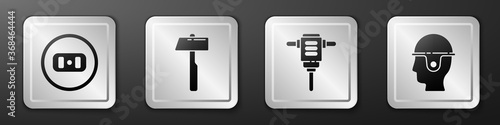 Set Electrical outlet, Hammer, Electric rotary hammer drill and Worker safety helmet icon. Silver square button. Vector.