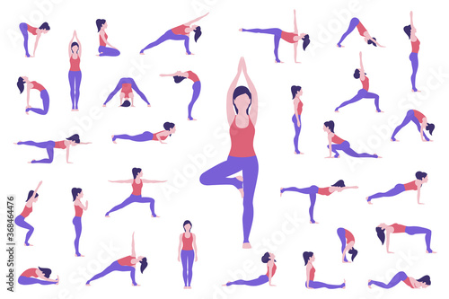 Set of yoga poses. Woman doing asanas. Vector photo