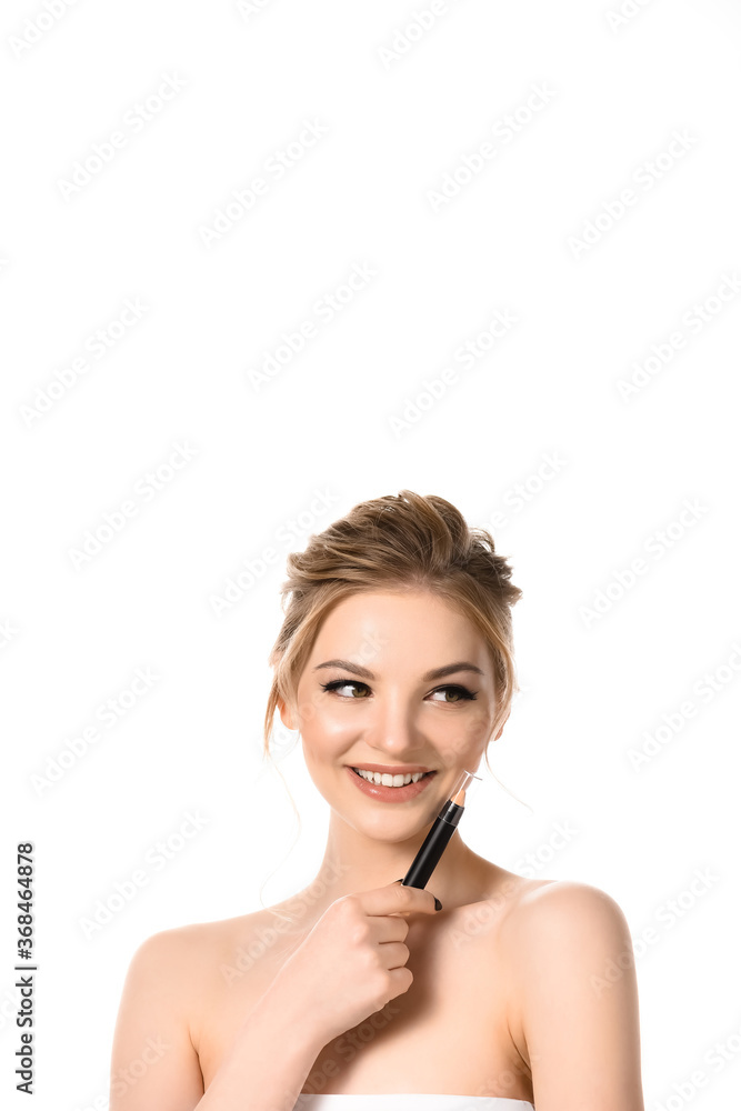 smiling beautiful blonde woman with makeup and black nails holding stick concealer isolated on white smiling beautiful blonde woman with makeup and black nails holding stick concealer isolated on white