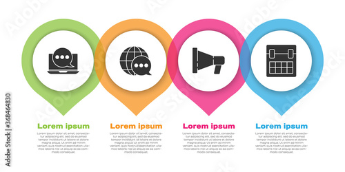 Set Chat messages notification on laptop, World map made from speech bubble, Megaphone and Calendar. Business infographic template. Vector.