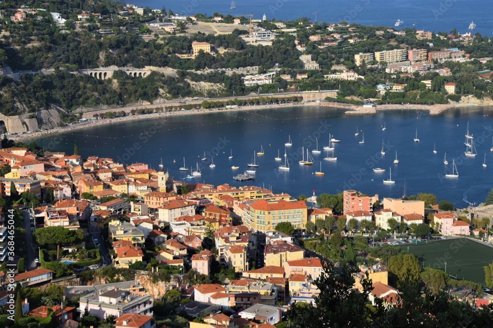 Panoramic view of sea, coast and bay, Villefranche Sur Mer, South of France