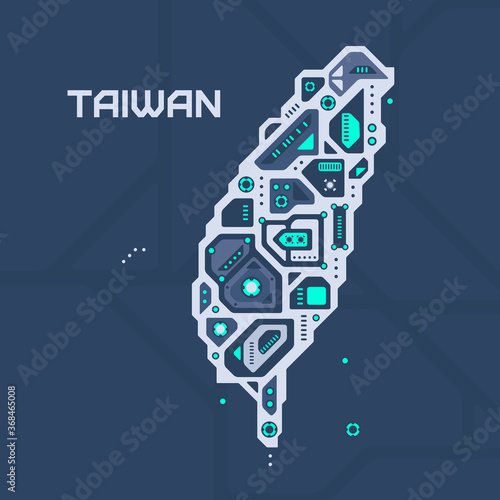 Abstract futuristic map of Taiwan. Mechanical circuit of the country. Technology space background.