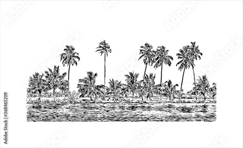Building view with landmark of Alapuzha is a city on the Laccadive Sea in the southern Indian state of Kerala. Hand drawn sketch illustration in vector.
