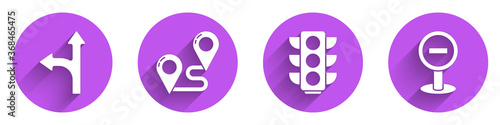 Set Road traffic sign, Route location, Traffic light and Stop sign icon with long shadow. Vector.