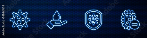 Set line Shield protecting from virus, Virus, Washing hands with soap and Negative. Glowing neon icon on brick wall. Vector.
