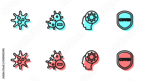 Set line Human and virus, Virus, Negative and Shield protecting from icon. Vector.