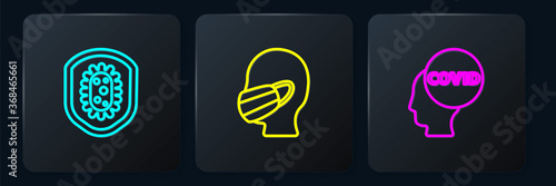 Set line Shield protecting from virus, Corona covid-19 and Face medical protective mask. Black square button. Vector.