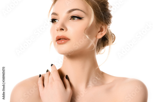 naked beautiful blonde woman with makeup looking away isolated on white