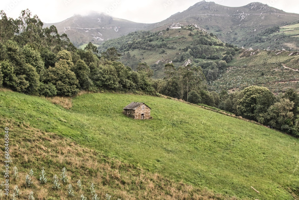 Obraz premium Asturian landscape, a house surrounded by green mountains.