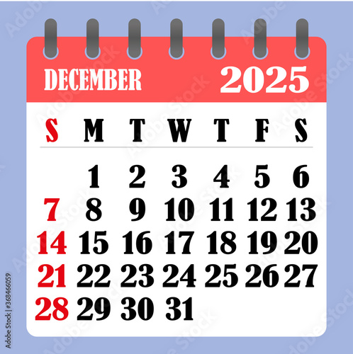Letter calendar for December 2025. The week begins on Sunday. Time, planning and schedule concept. Flat design. Removable calendar for the month. Vector