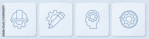Set line Worker safety helmet and gear, Human head with inside, Pencil and Gear arrows as workflow. White square button. Vector.