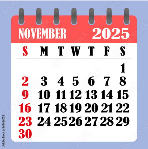 Letter calendar for November 2025. The week begins on Sunday. Time, planning and schedule concept. Flat design. Removable calendar for the month. Vector