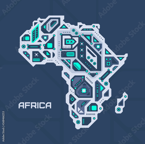Abstract futuristic map of Africa. Mechanical circuit of the continent. Technology space background.