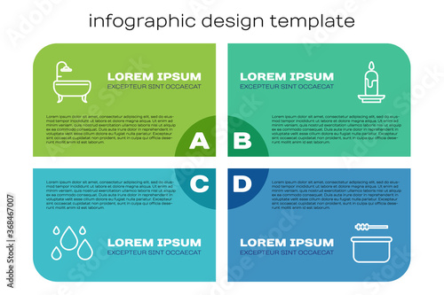 Set line Water drop, Bathtub, Sauna bucket and ladle and Burning candle. Business infographic template. Vector.