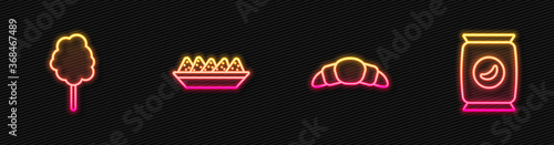 Set line Croissant, Cotton candy, Nachos in plate and Bag or packet potato chips. Glowing neon icon. Vector.